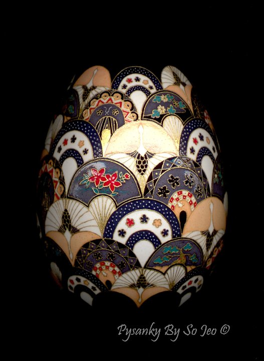 Cranes and Fans ChiyogamiUkrainian Style Easter Egg Pysanky by So Jeo